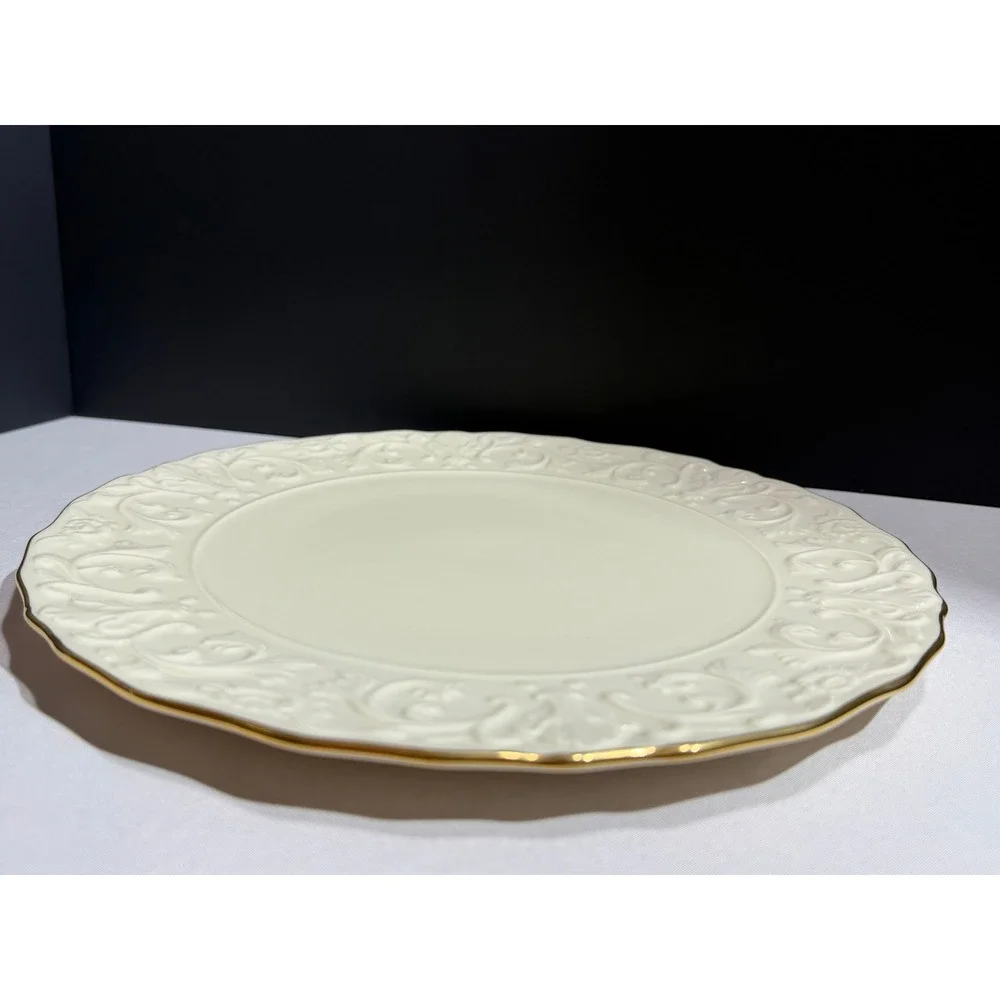Lenox Georgian Cake Plate Cream Embossed Floral Gold Trim Scalloped 11.5